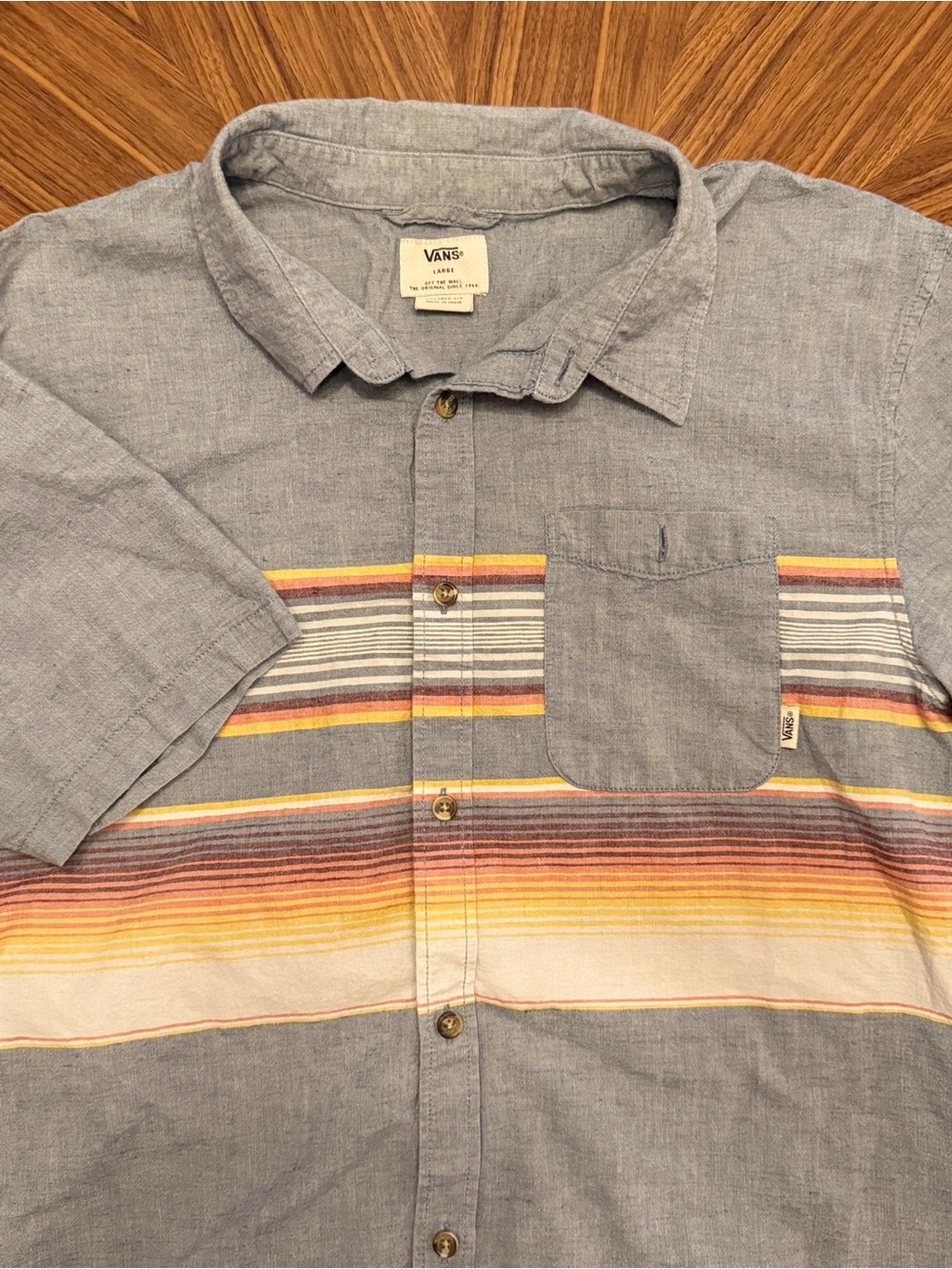 Vans Men’s Light Blue Short Sleeve Button-Up Shirt with Sunset Stripe